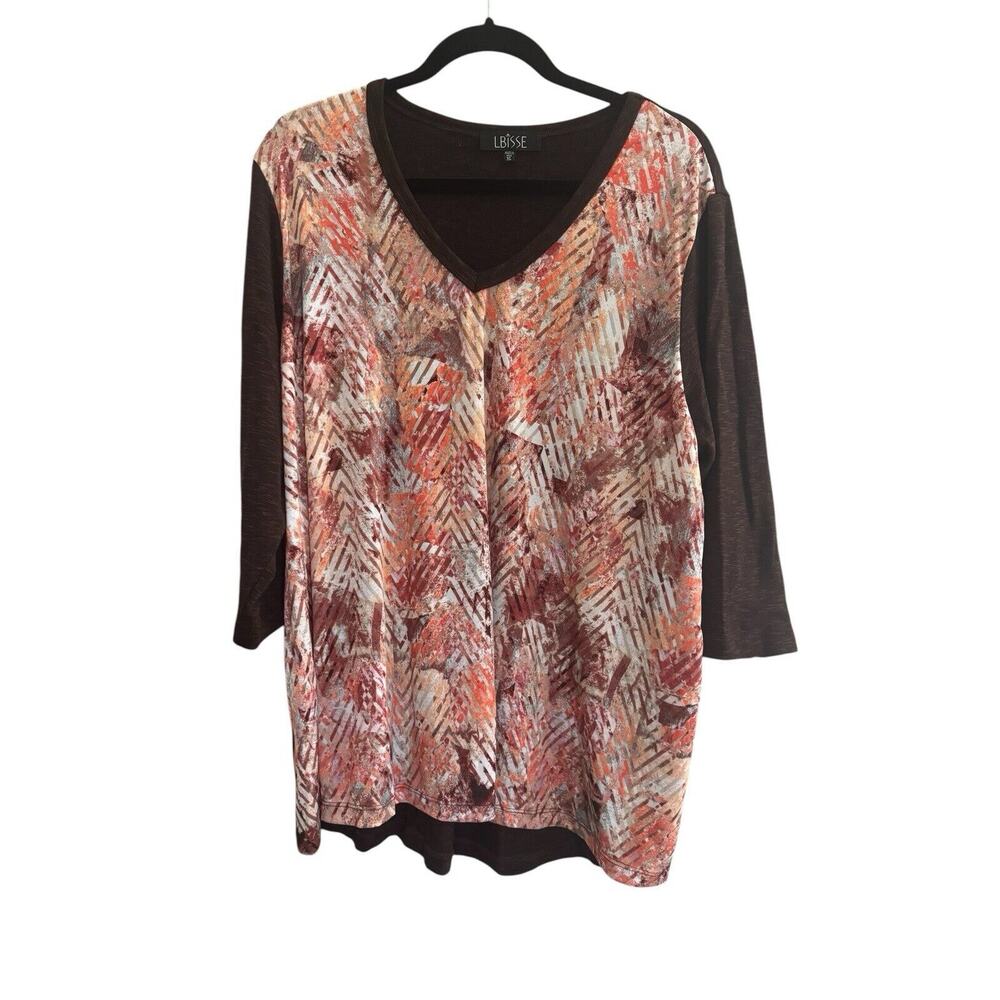 Lbisse Womens XL A-Line Tunic Top Orange Brown Artsy Abstract Mixed Media #3768